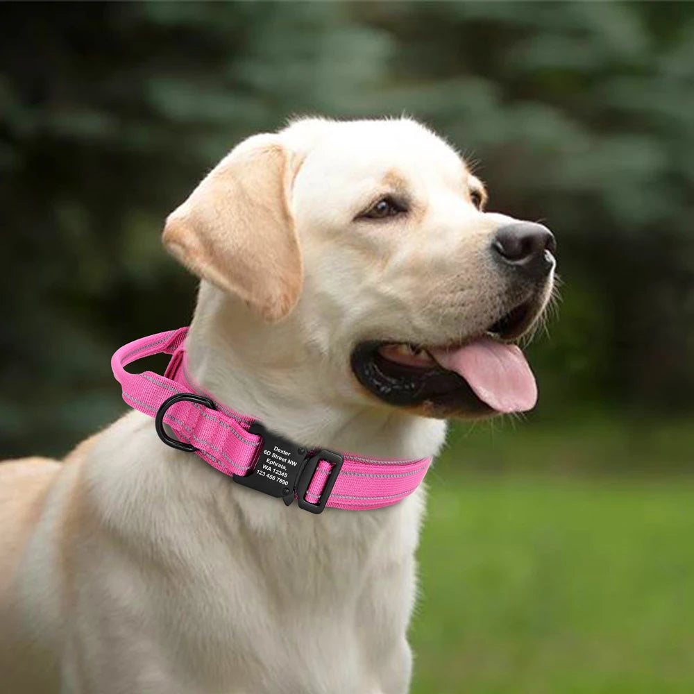 Personalized Military Tactical Dog Collar – Custom Engraved Nylon Training Collar with Handle for Medium & Large Dogs