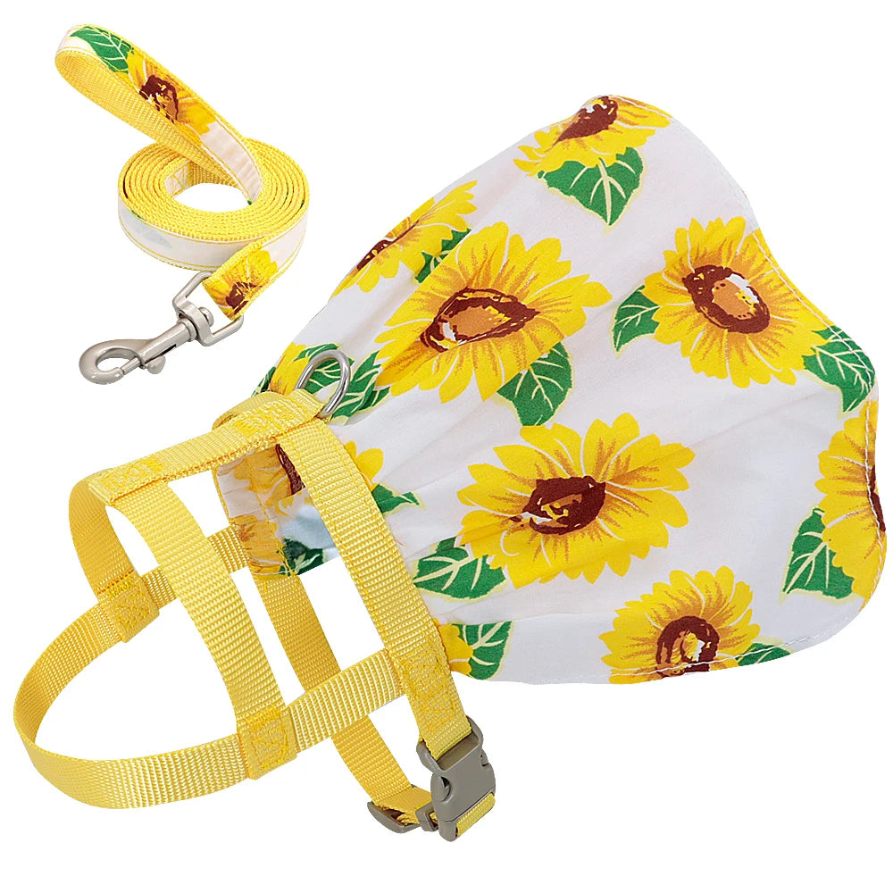 Floral Printed Dog & Cat Harness Dress – Adjustable Vest with Matching Leash for Small & Medium Pets