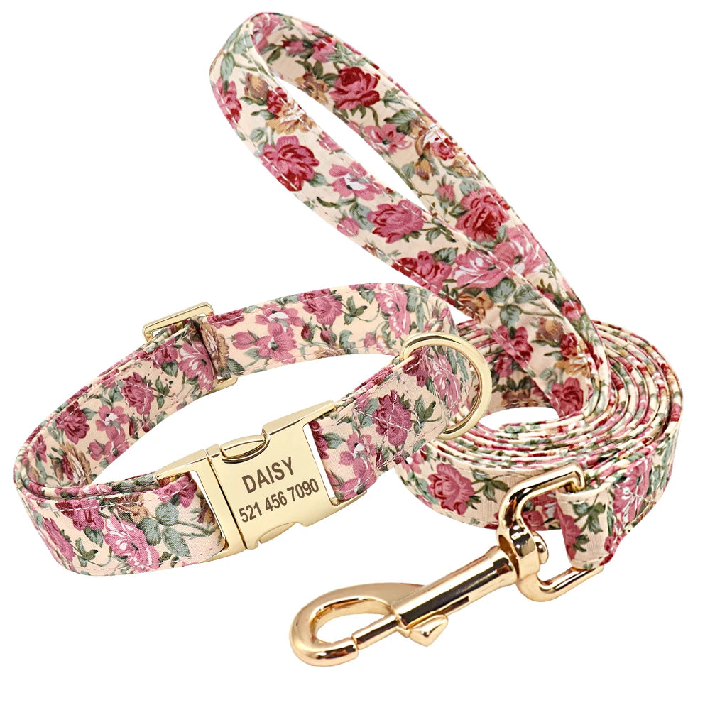 Personalized Printed Dog Collar Leash Set - Custom Nylon Collar & Leash with Free Engraved Nameplate for Small, Medium, and Large Dogs
