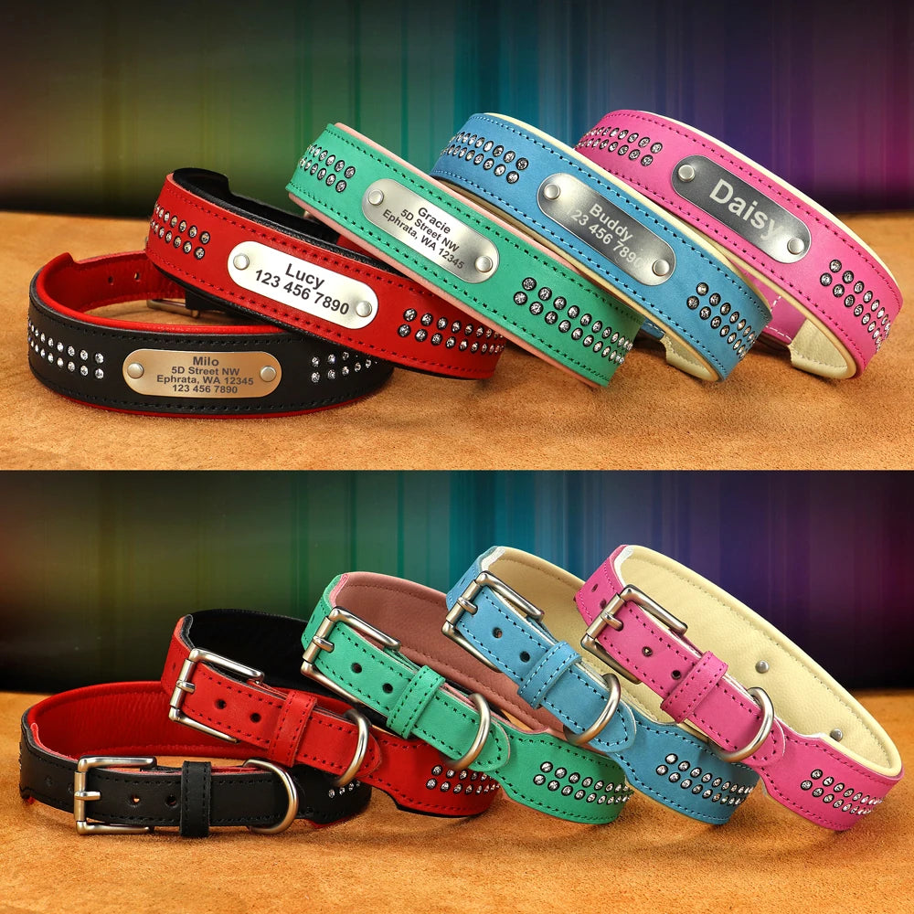 Personalized Dog Collar with Rhinestones – Custom Engraved Leather Pet ID Collar | Adjustable for Small, Medium & Large Dogs