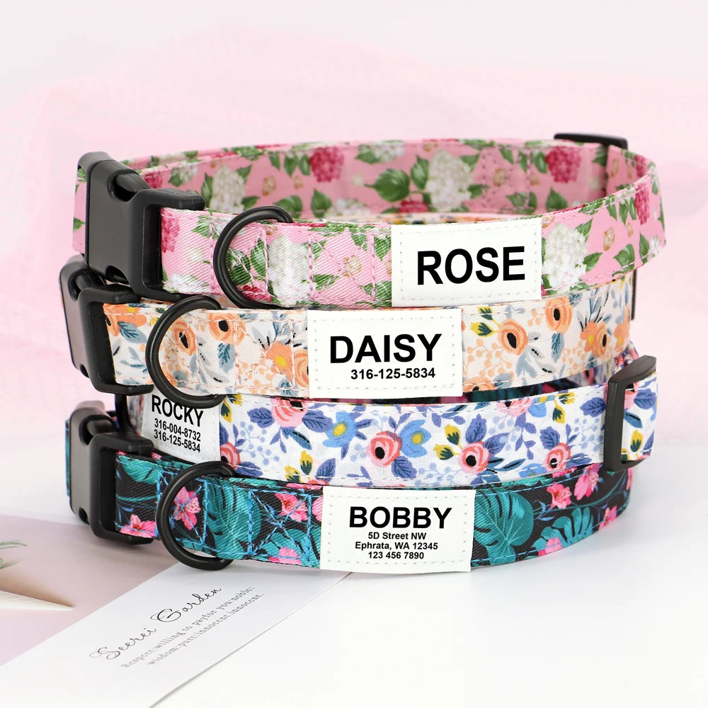 Customized Nylon Dog Collar – Floral Printed Personalized ID Tag for Dogs & Cats