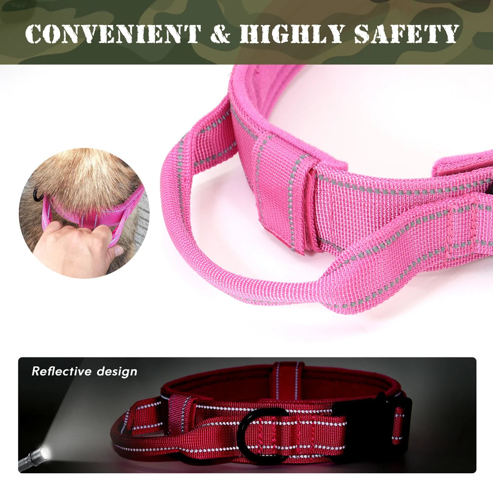 Personalized Military Tactical Dog Collar – Custom Engraved Nylon Training Collar with Handle for Medium & Large Dogs