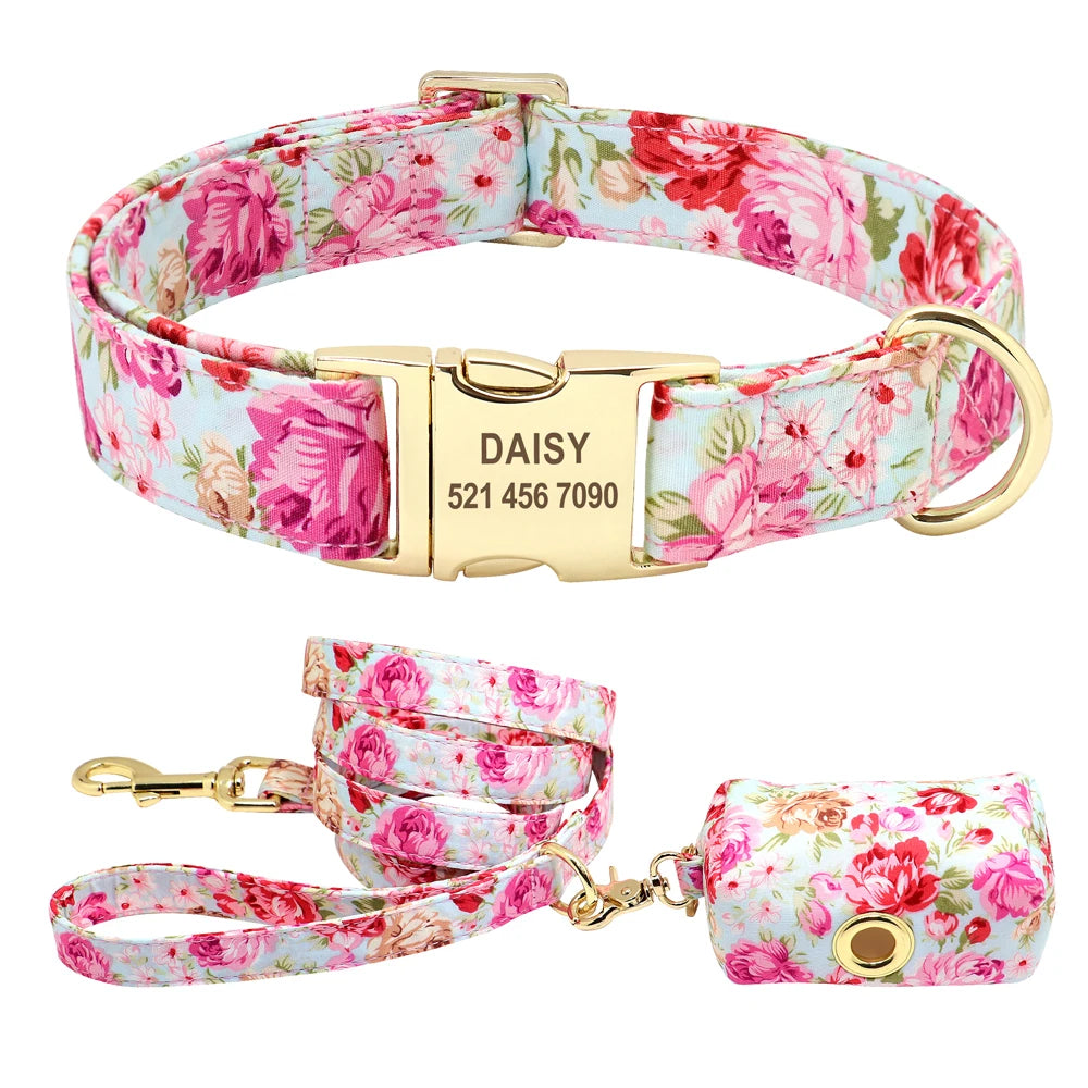 Personalized Printed Dog Collar Leash Set - Custom Nylon Collar & Leash with Free Engraved Nameplate for Small, Medium, and Large Dogs