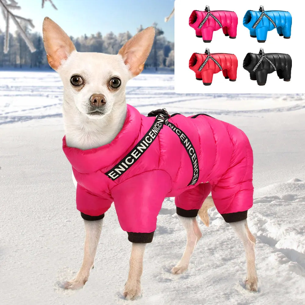 Warm Large Dog Jacket Coat With Harness – Winter Waterproof Dog Jumpsuit