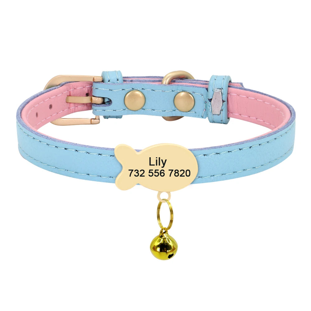 Personalized Leather Cat Collar – Custom Engraved Nameplate with Bell – Adjustable for Kittens, Cats & Small Dogs