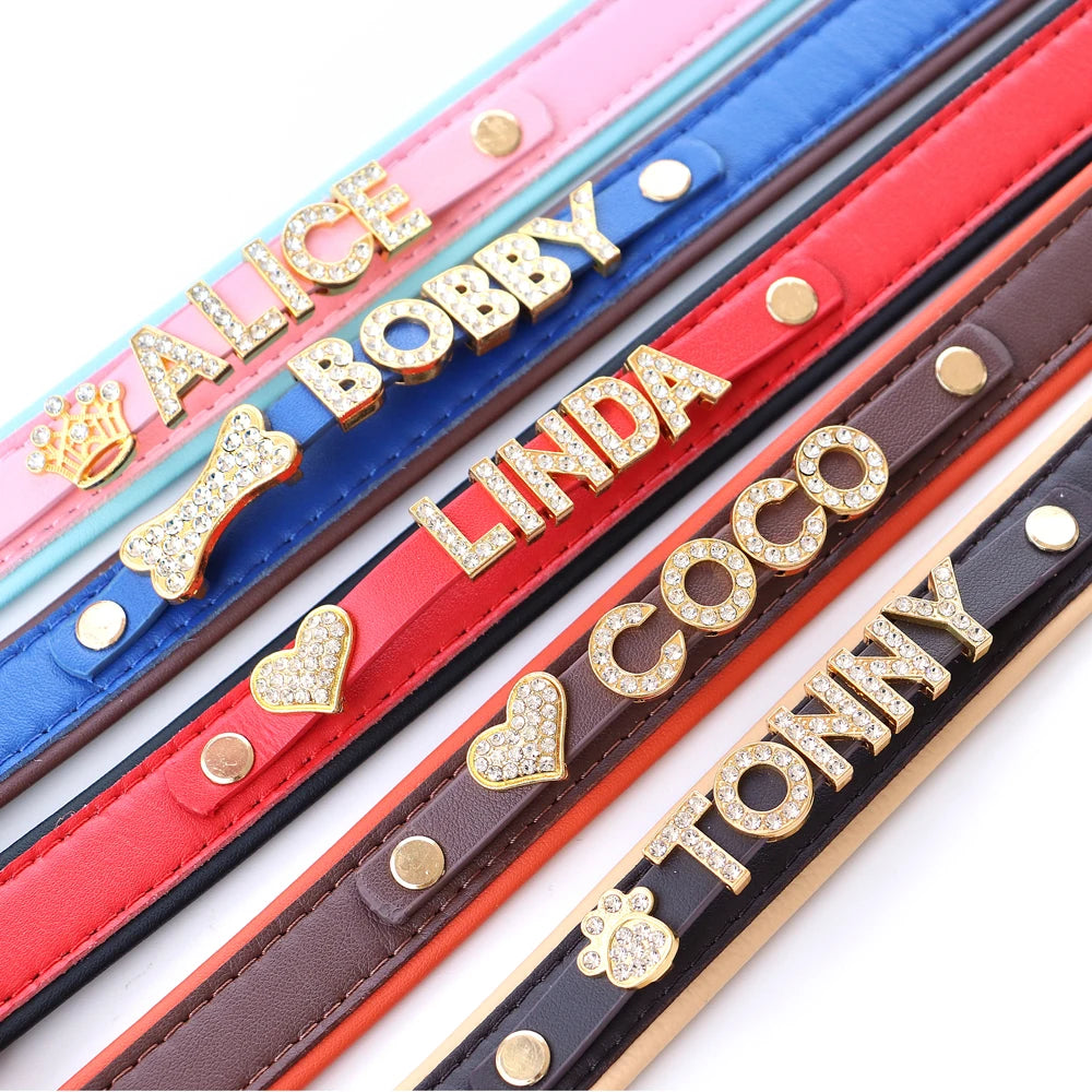 Bling Personalized Dog & Cat Collar – PU Leather Puppy Chihuahua Necklace with DIY Rhinestone Name & Free Charms