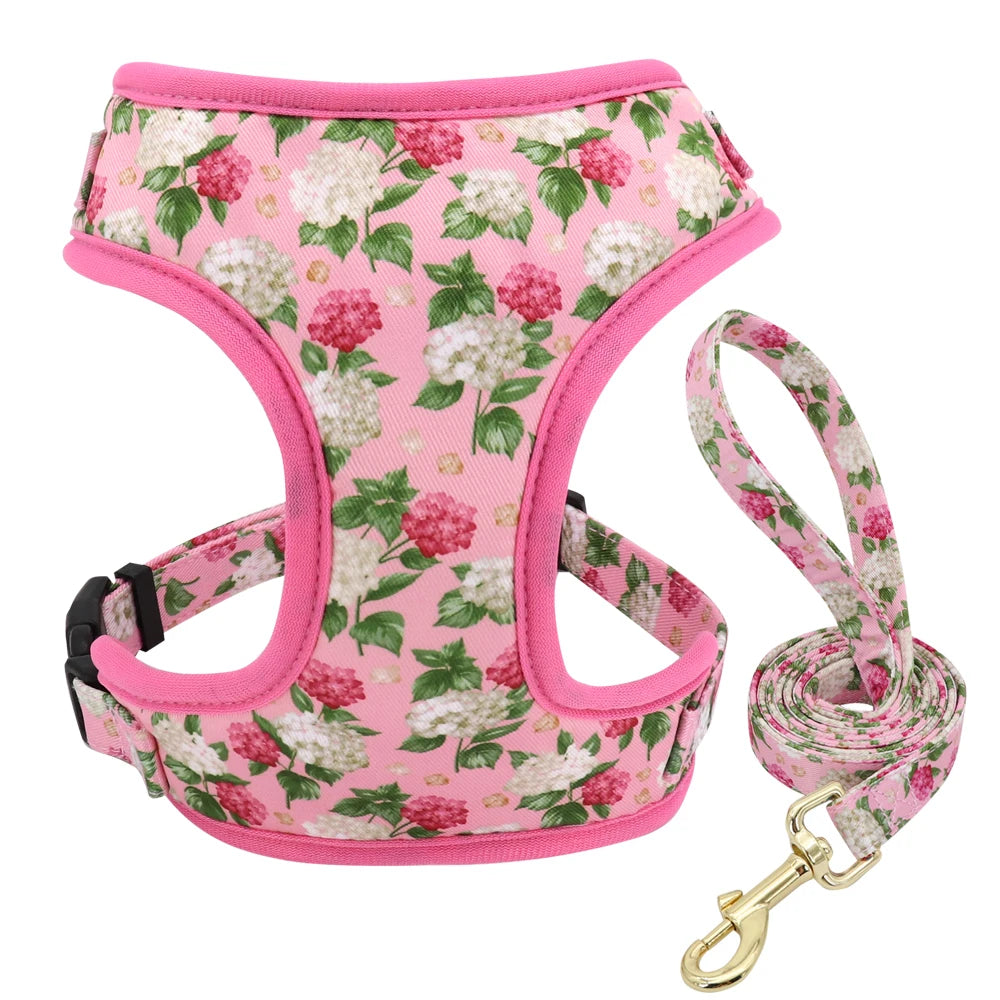Adjustable Nylon Mesh Dog Harness Leash Set – Cute Printed Vest & Collar for Small & Medium Dogs & Cats (French Bulldog, Chihuahua, Yorkie, Puppy)