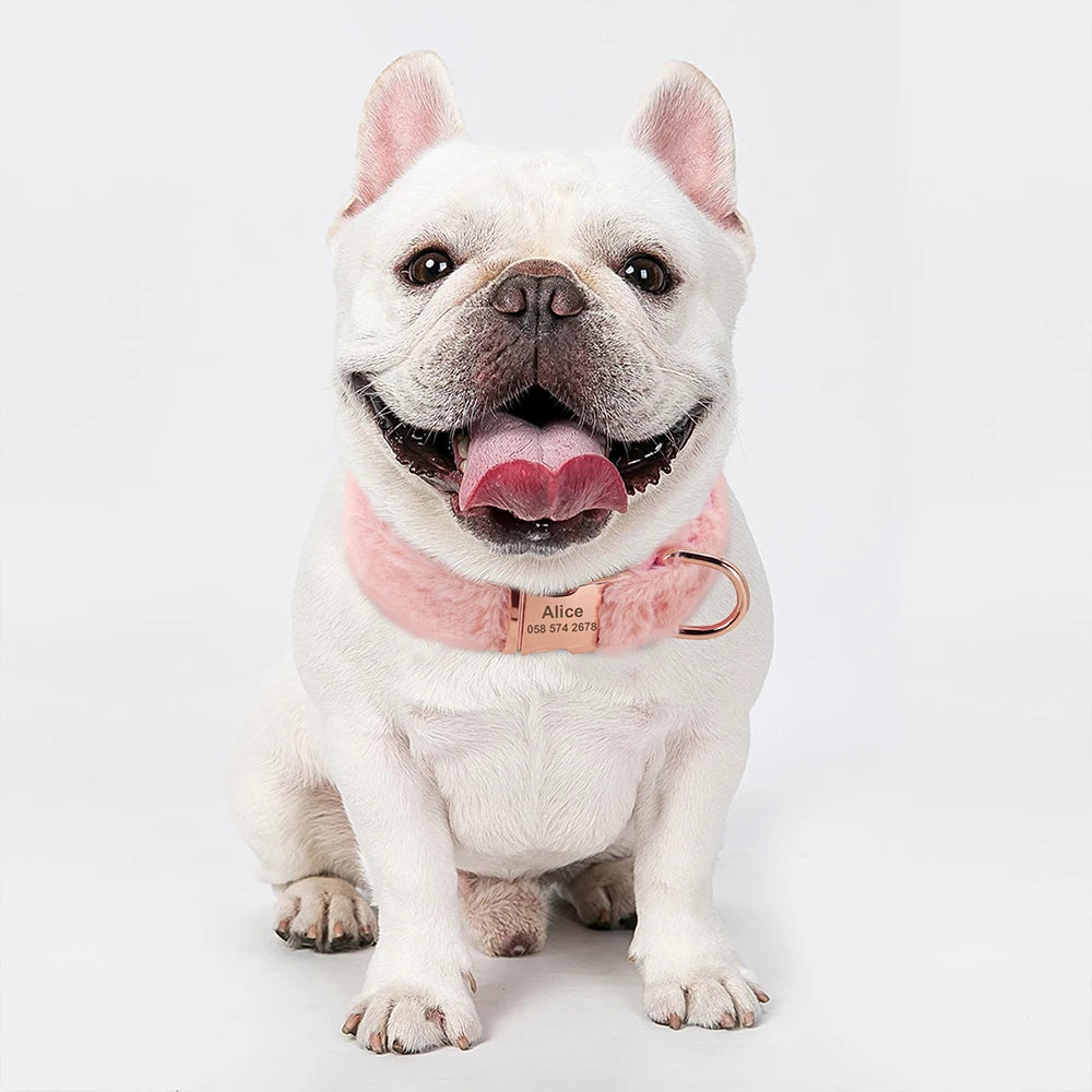Soft Personalized Dog Collar – Winter Warm Fur Customized ID Collars for Small, Medium & Large Dogs (French Bulldog, Chihuahua)