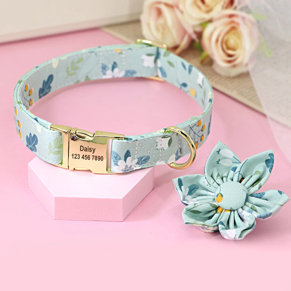 Personalized Dog Collar with Flower Print – Custom Engraved Nameplate | Adjustable Nylon Pet ID Collar for Small, Medium & Large Dogs