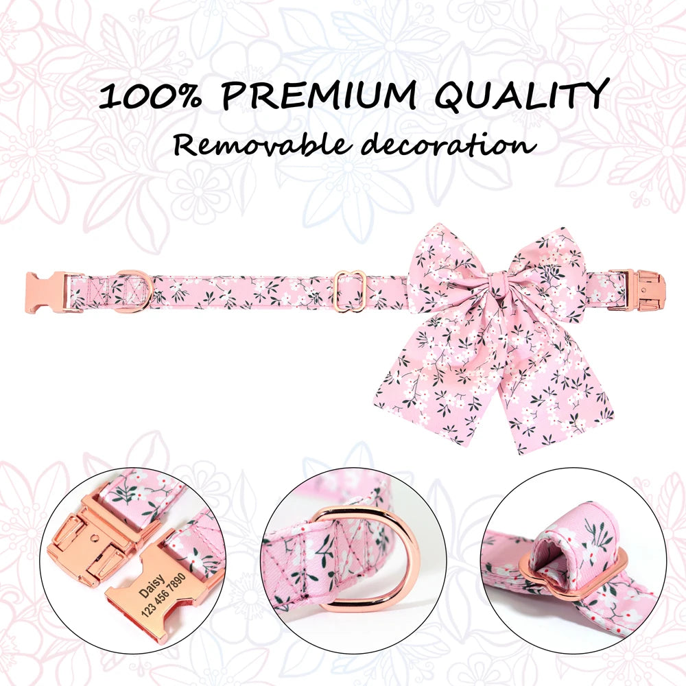 Personalized Puppy Dog Cat Collar with Bowknot – Custom Engraved Nameplate