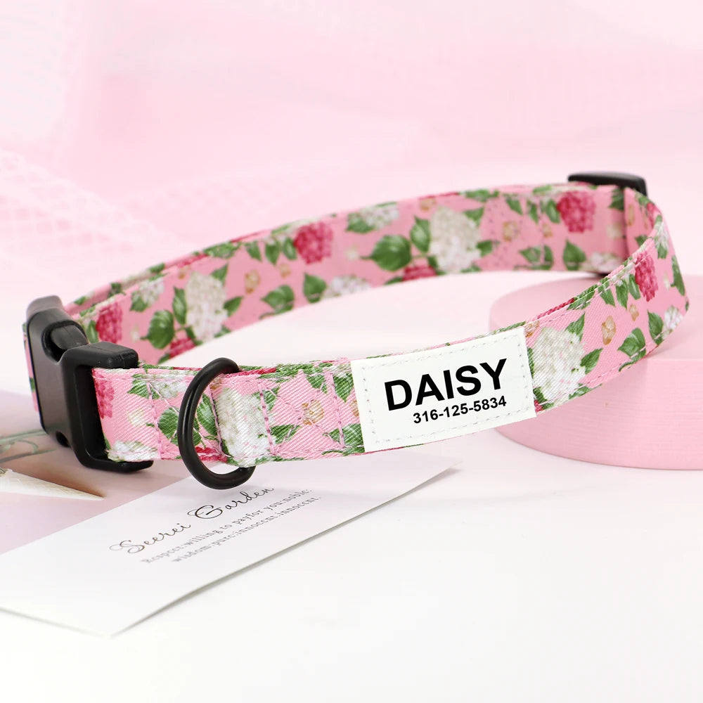 Customized Nylon Dog Collar – Floral Printed Personalized ID Tag for Dogs & Cats