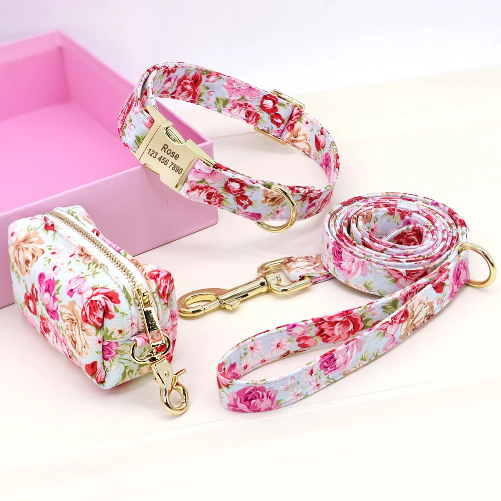 Personalized Dog Collar & Leash Set with Engraved ID Tag + Matching Treat Bag – Custom Adjustable Collar for Small, Medium &amp; Large Dogs (Pink / Blue / Beige)