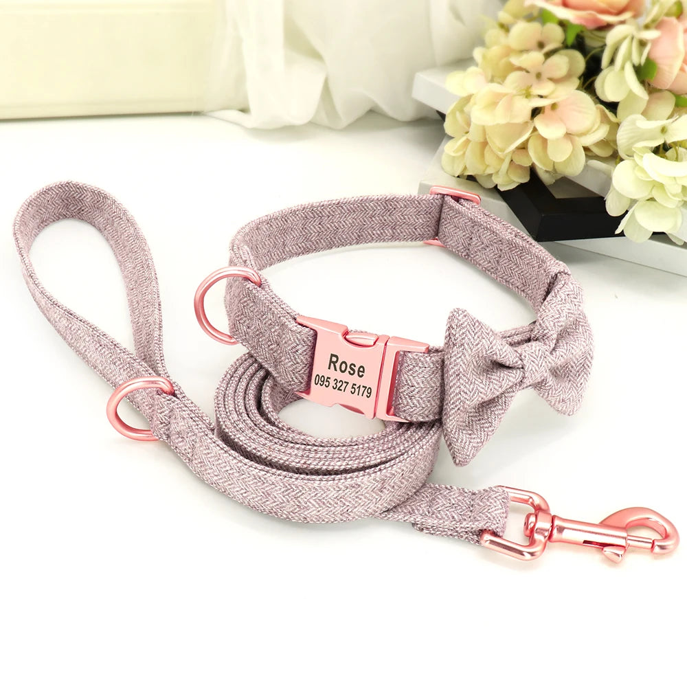 Customized Dog Collar & Leash Set – Personalized Pet Collars with Bowtie & Free Engraving