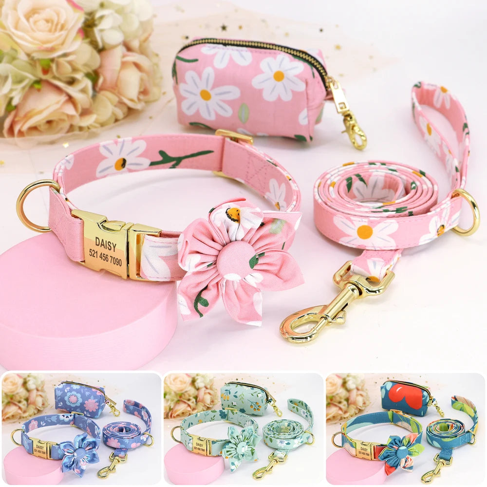Personalized Floral Dog Collar Set – Collar + Leash + Poop Bag