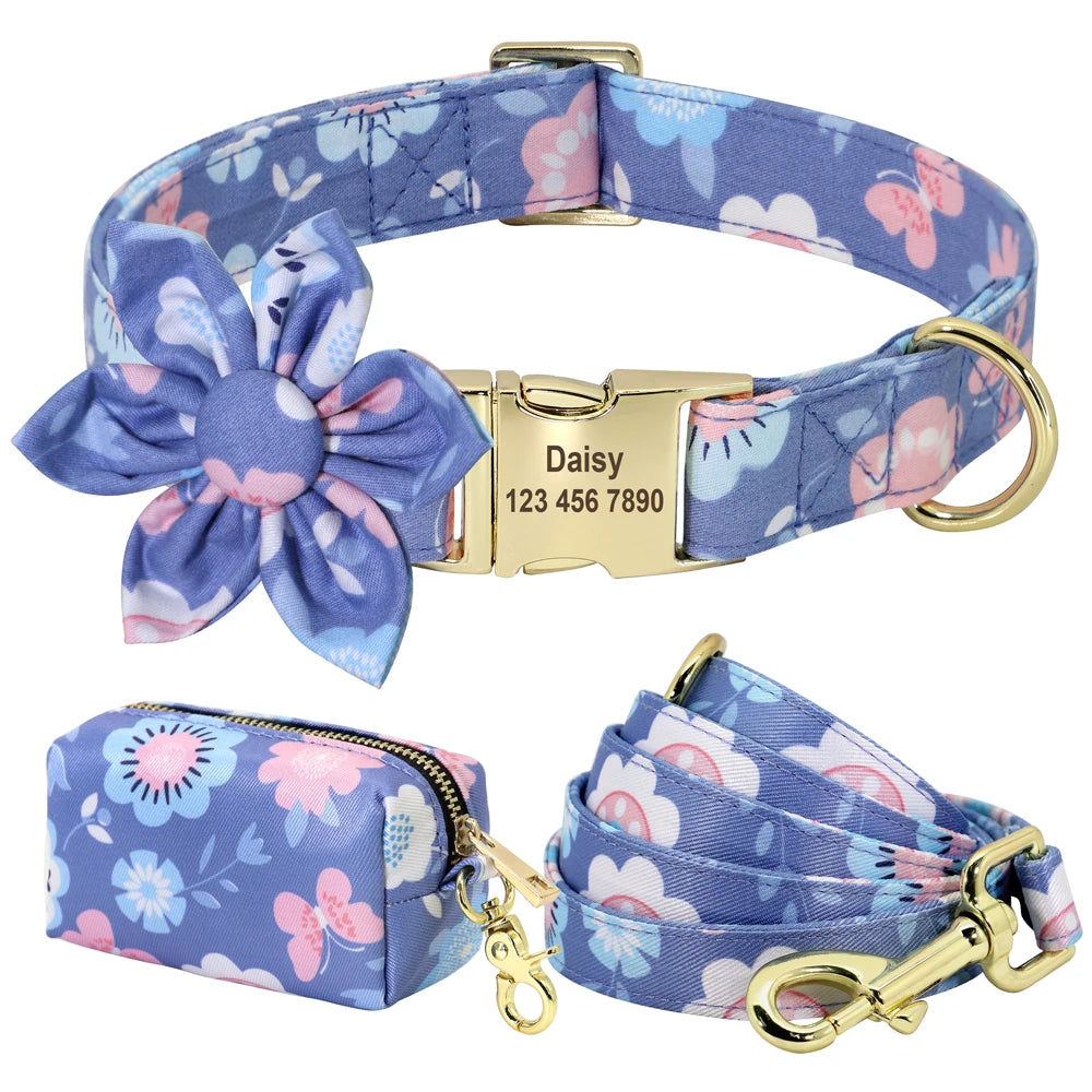 Personalized Floral Dog Collar Set – Collar + Leash + Poop Bag