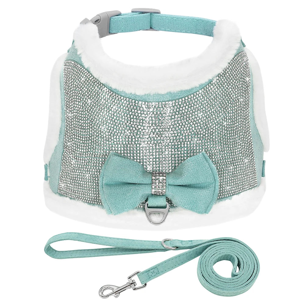 Bling Rhinestones Harness For Small Dogs Cats Soft Warm Dog Harness Vest Leash Set With Bowtie Winter Pet Clothes For Chihuahua