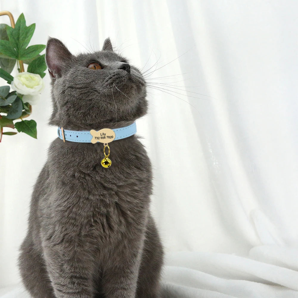 Personalized Leather Cat Collar – Custom Engraved Nameplate with Bell – Adjustable for Kittens, Cats & Small Dogs