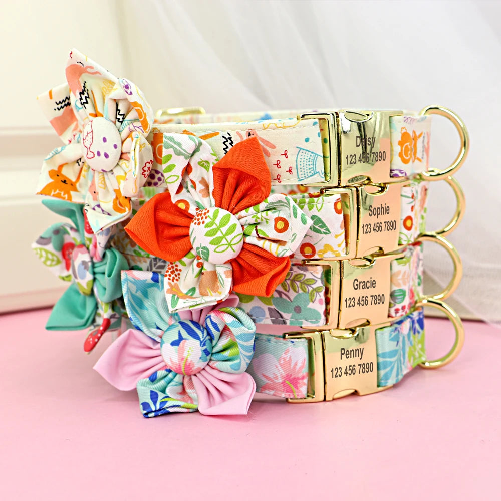 Personalized Dog Collar with Flower Print – Custom Engraved Nameplate | Adjustable Nylon Pet ID Collar for Small, Medium & Large Dogs