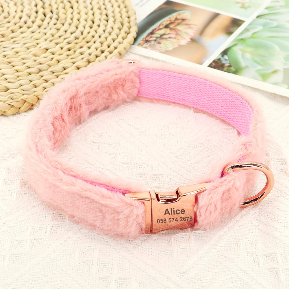 Soft Personalized Dog Collar – Winter Warm Fur Customized ID Collars for Small, Medium & Large Dogs (French Bulldog, Chihuahua)