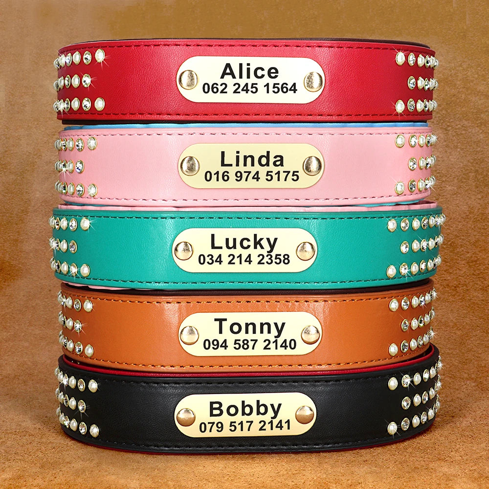 Personalized Dog Collar with Rhinestones – Custom Engraved Leather Pet ID Collar | Adjustable for Small, Medium & Large Dogs