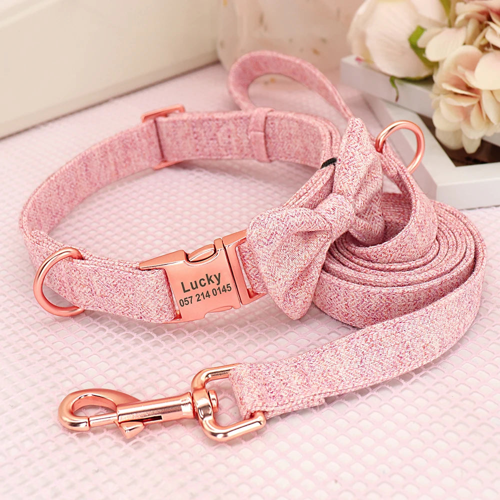 Customized Dog Collar & Leash Set – Personalized Pet Collars with Bowtie & Free Engraving