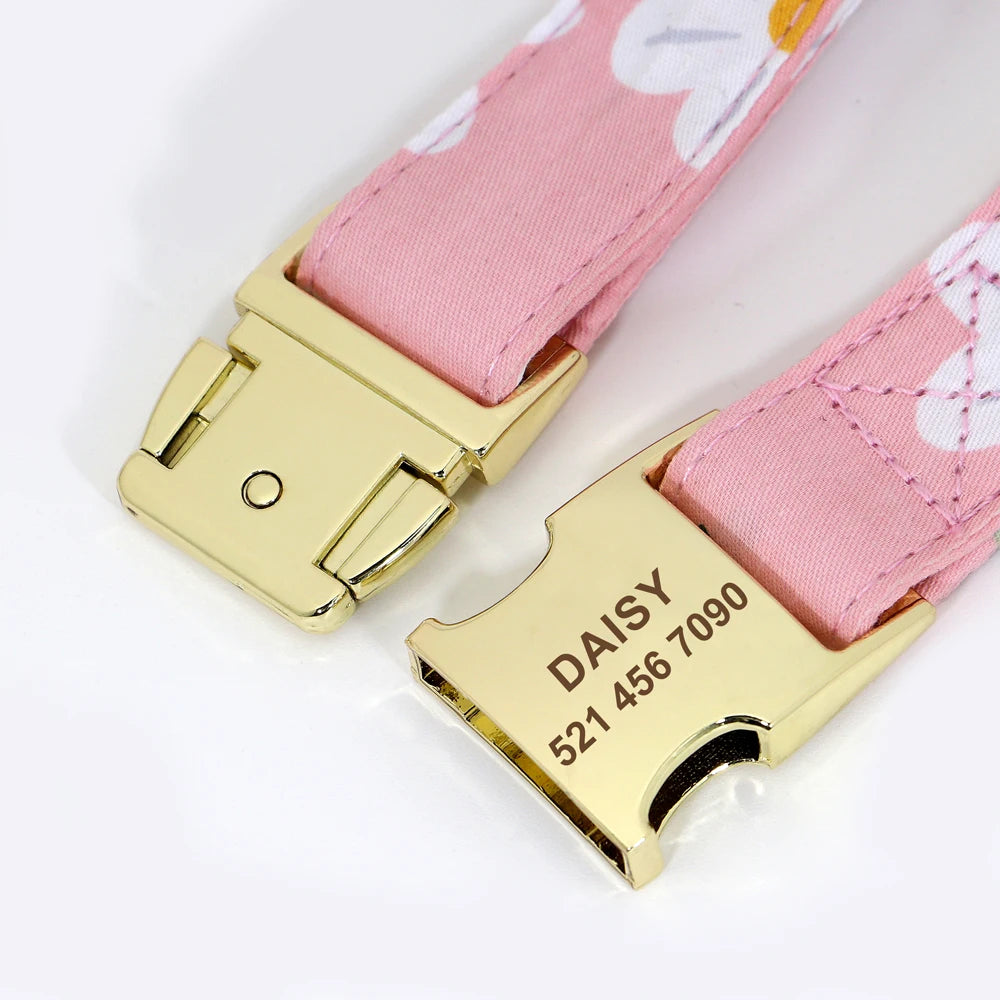 Personalized Dog Collar with Flower Print – Custom Engraved Nameplate | Adjustable Nylon Pet ID Collar for Small, Medium & Large Dogs