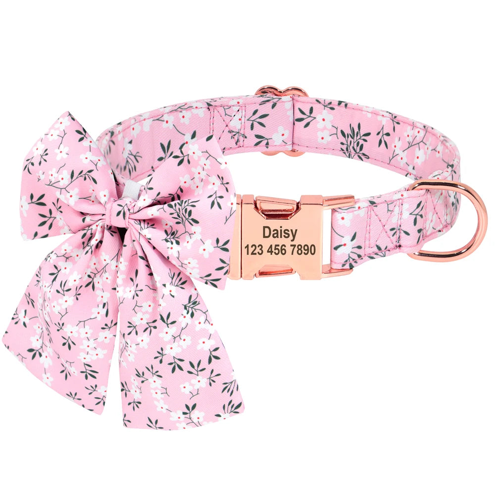 Personalized Puppy Dog Cat Collar with Bowknot – Custom Engraved Nameplate