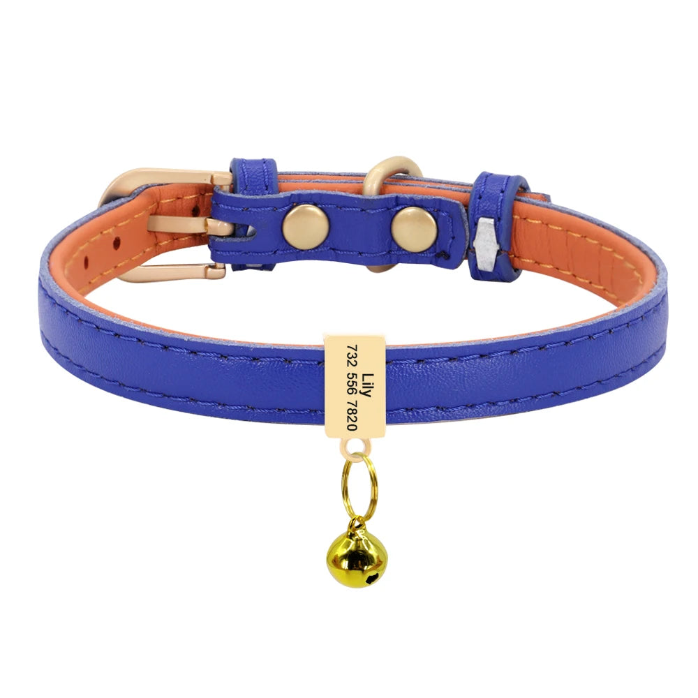Personalized Leather Cat Collar – Custom Engraved Nameplate with Bell – Adjustable for Kittens, Cats & Small Dogs