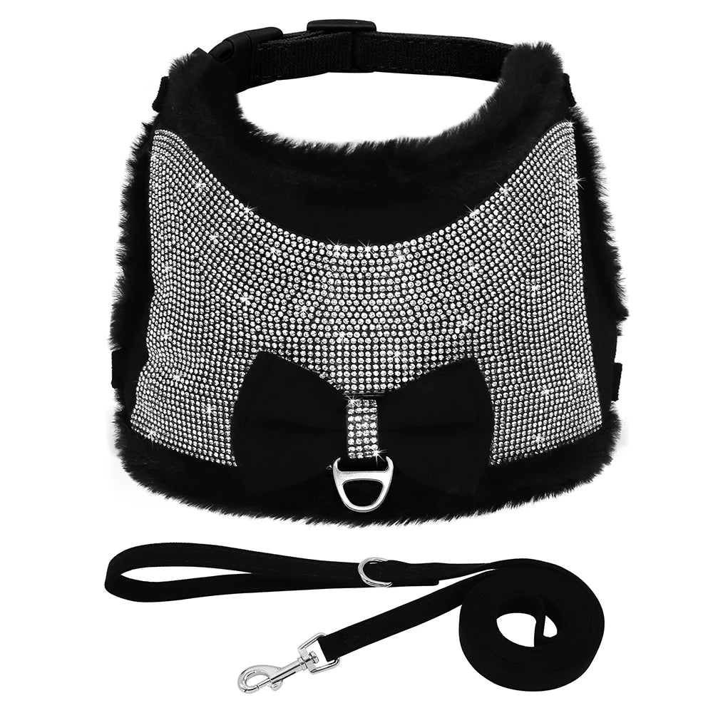 Bling Rhinestones Harness For Small Dogs Cats Soft Warm Dog Harness Vest Leash Set With Bowtie Winter Pet Clothes For Chihuahua