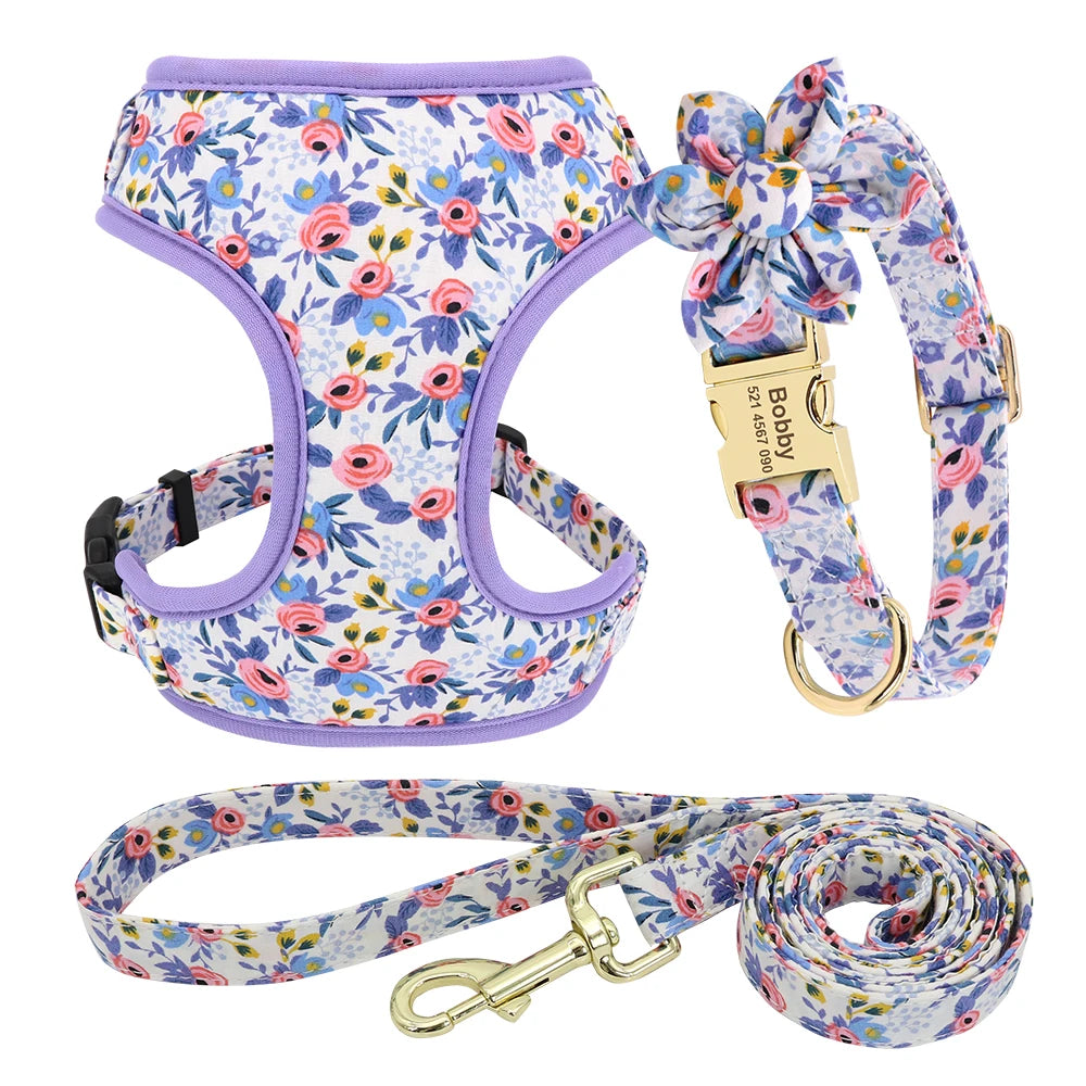 Adjustable Nylon Mesh Dog Harness Leash Set – Cute Printed Vest & Collar for Small & Medium Dogs & Cats (French Bulldog, Chihuahua, Yorkie, Puppy)