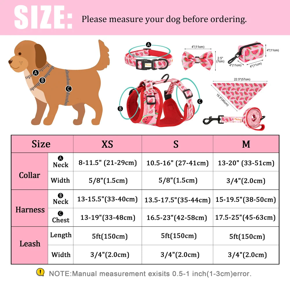 6-Piece Dog Harness Set – Fashion Printed Harness with Matching Collar, Leash, Bandana, Bowtie & Poop Bag Holder for Small & Medium Dogs