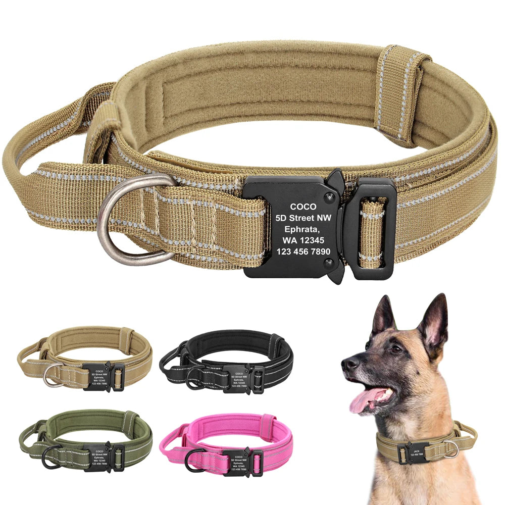 Personalized Military Tactical Dog Collar – Custom Engraved Nylon Training Collar with Handle for Medium & Large Dogs