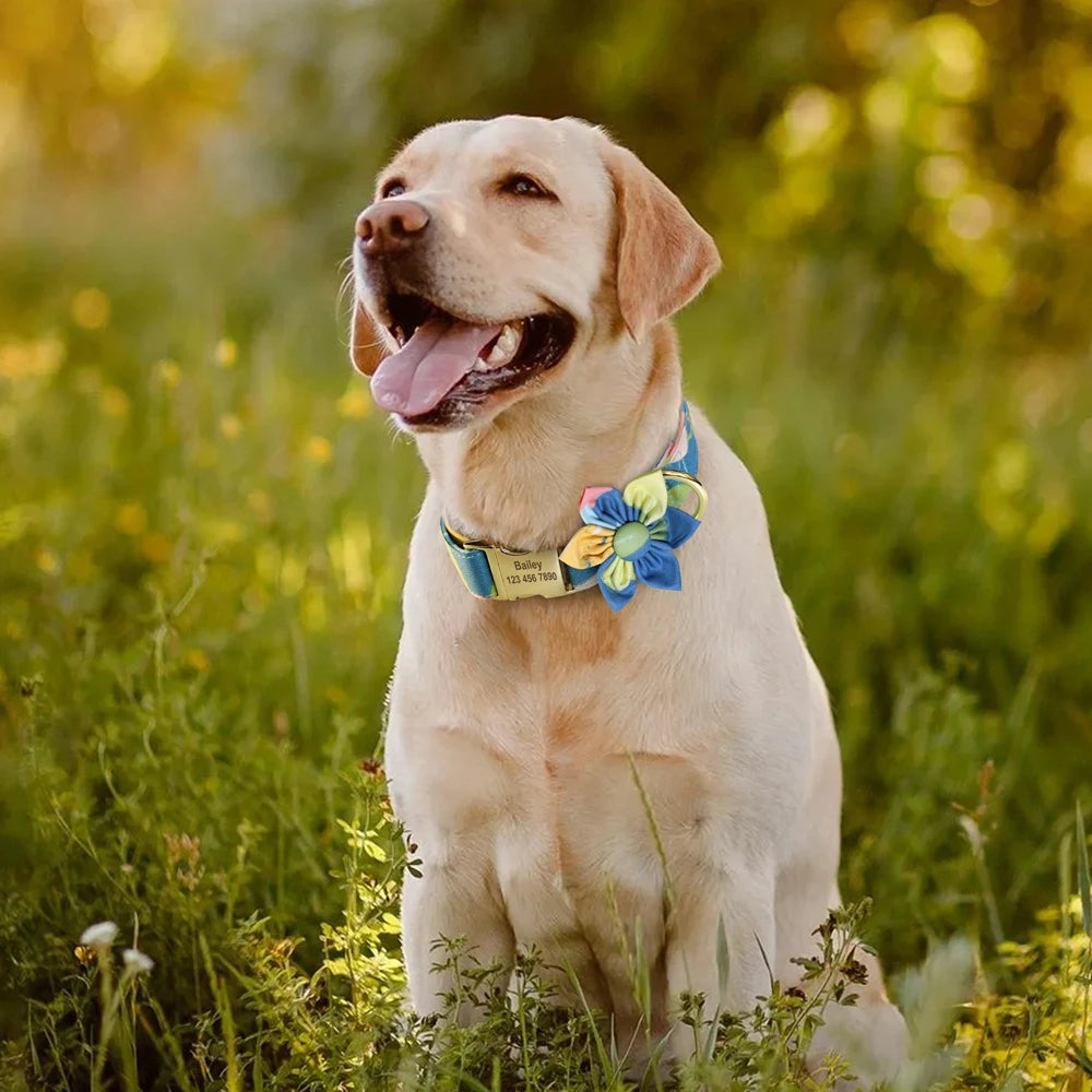 Personalized Dog Collar with Flower Print – Custom Engraved Nameplate | Adjustable Nylon Pet ID Collar for Small, Medium & Large Dogs