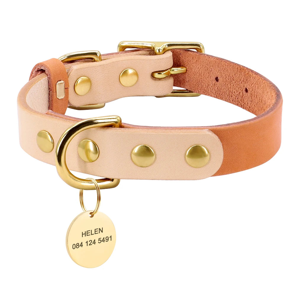 Custom Dog Cat Collar Personalized Leather Pet Dog Collar Engraved Dog Name ID Tags For Small Medium Dogs Chihuahua Yorkshire