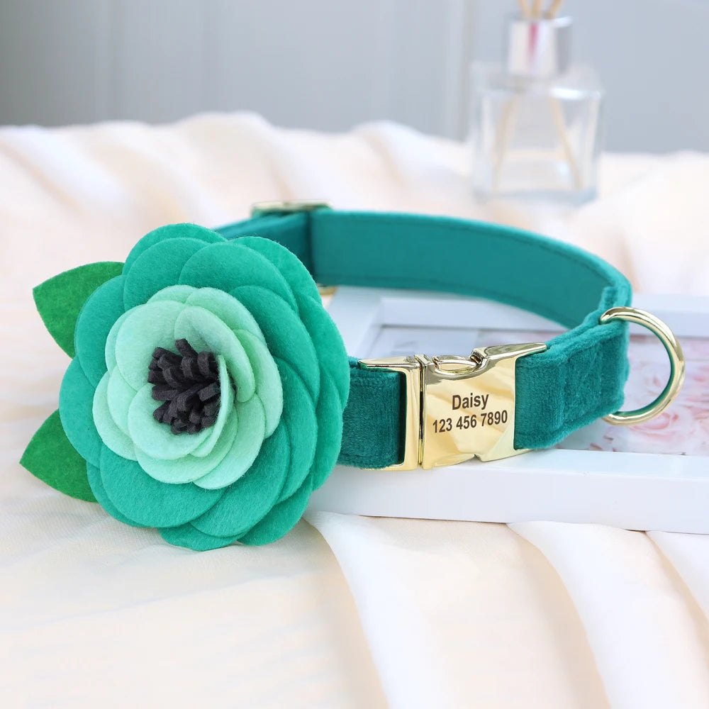 Personalized Floral Dog Collar – Custom Engraved Buckle with Cute Flower Accessory for Dogs & Cats