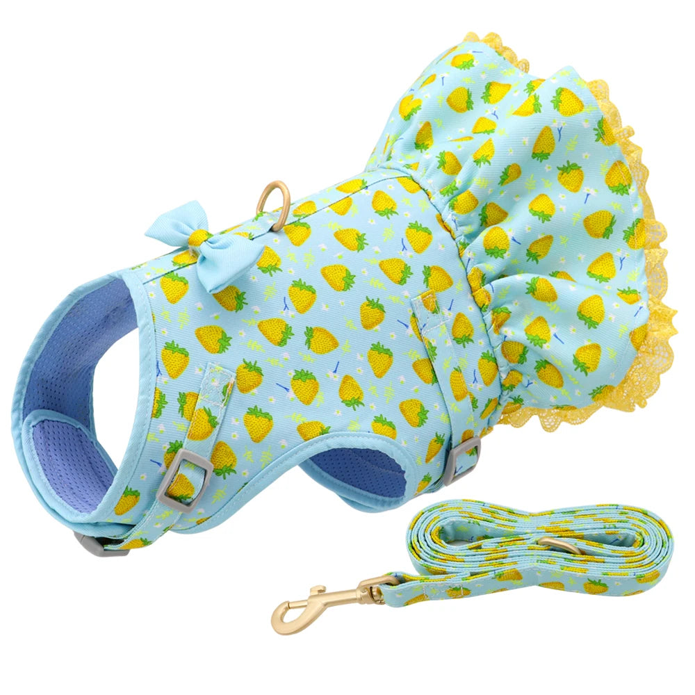Cute Printed Dog & Cat Harness Leash Set – Summer Pet Dress Vest for Small Dogs & Cats (Chihuahua, Yorkie, Pug, French Bulldog)