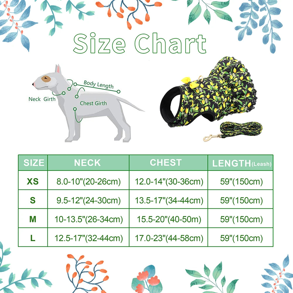 Cute Printed Dog & Cat Harness Leash Set – Summer Pet Dress Vest for Small Dogs & Cats (Chihuahua, Yorkie, Pug, French Bulldog)