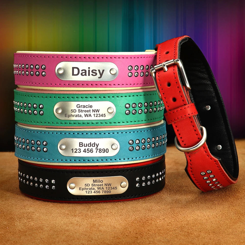 Personalized Dog Collar with Rhinestones – Custom Engraved Leather Pet ID Collar | Adjustable for Small, Medium & Large Dogs
