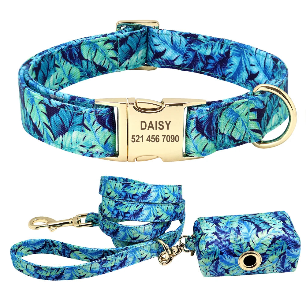 Personalized Printed Dog Collar Leash Set - Custom Nylon Collar & Leash with Free Engraved Nameplate for Small, Medium, and Large Dogs