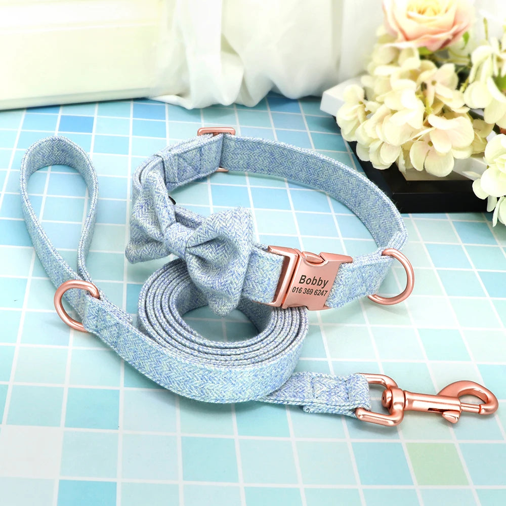 Customized Dog Collar & Leash Set – Personalized Pet Collars with Bowtie & Free Engraving
