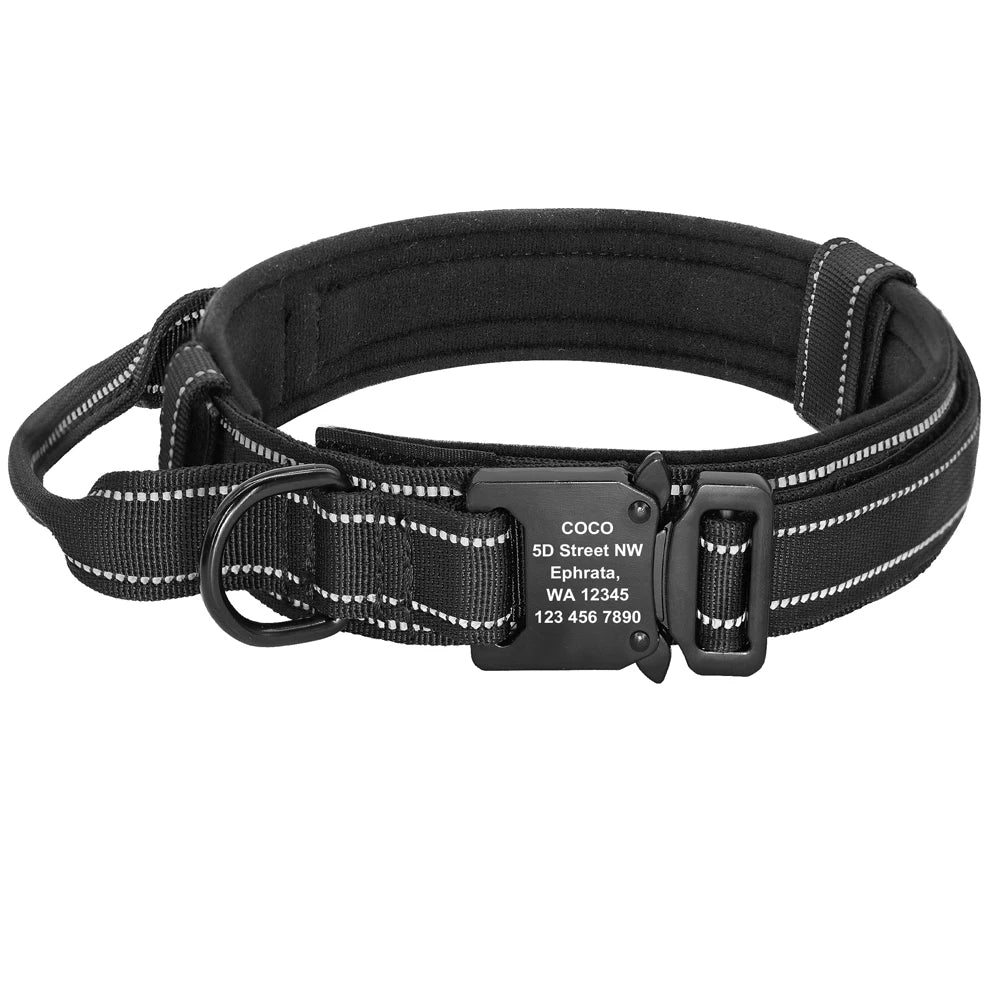 Personalized Military Tactical Dog Collar – Custom Engraved Nylon Training Collar with Handle for Medium & Large Dogs