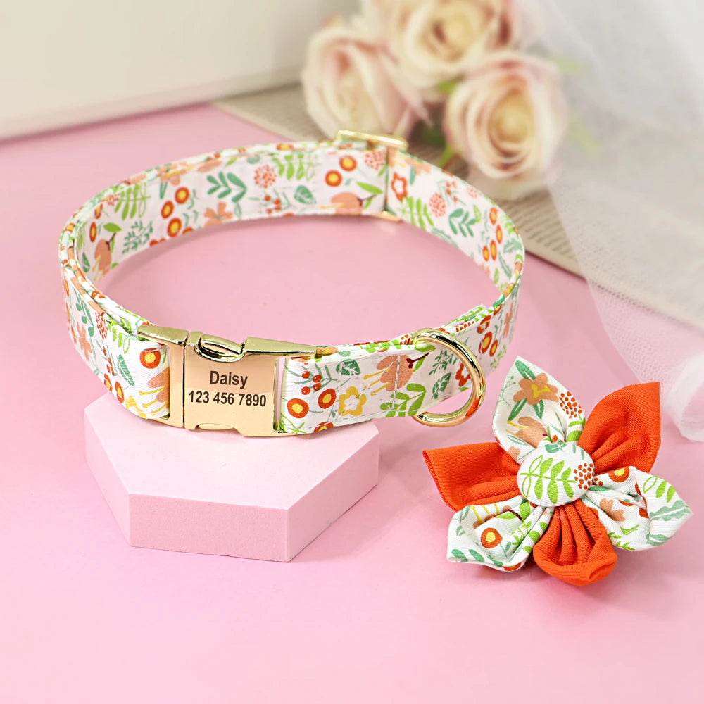 Personalized Dog Collar with Flower Print – Custom Engraved Nameplate | Adjustable Nylon Pet ID Collar for Small, Medium & Large Dogs