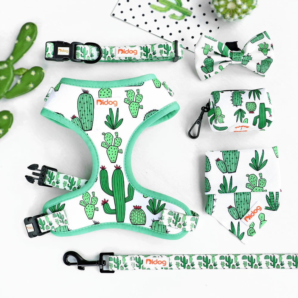 6-Piece Dog Harness Set – Fashion Printed Harness with Matching Collar, Leash, Bandana, Bowtie & Poop Bag Holder for Small & Medium Dogs