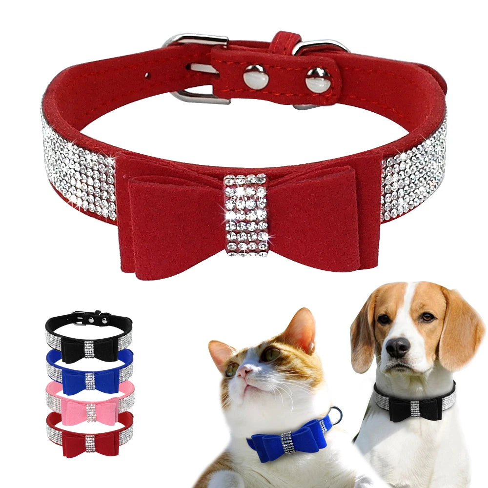 Bling Rhinestone Puppy & Cat Collar – Adjustable Suede Leather with Bowknot for Small & Medium Pets