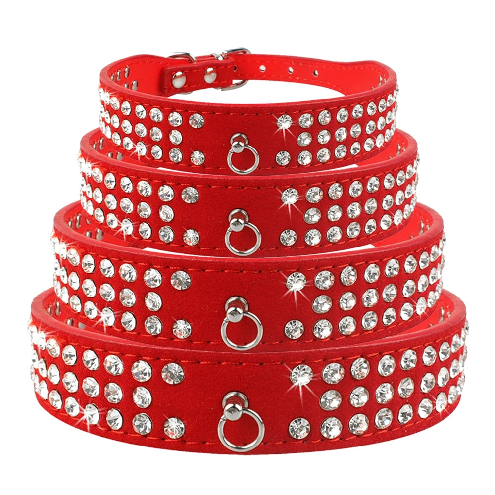 3 Rows Bling Rhinestone Suede Leather Dog Collar – Adjustable Pet Collar for Small & Medium Dogs (XS–L, Red/Blue/Pink/Black)