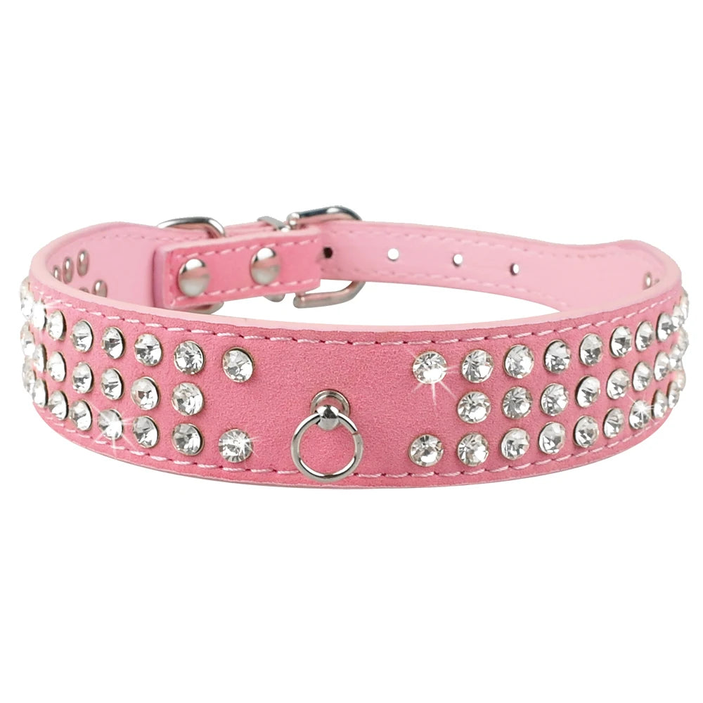 3 Rows Bling Rhinestone Suede Leather Dog Collar – Adjustable Pet Collar for Small & Medium Dogs (XS–L, Red/Blue/Pink/Black)
