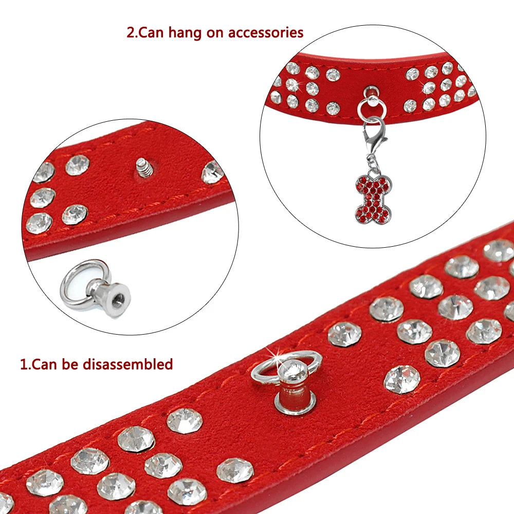 3 Rows Bling Rhinestone Suede Leather Dog Collar – Adjustable Pet Collar for Small & Medium Dogs (XS–L, Red/Blue/Pink/Black)