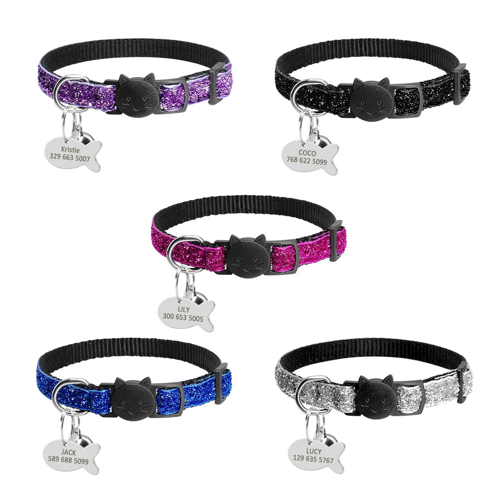 Personalized Quick Release Kitten Cat ID Collar Bling Sequins Puppy Dog Collars Engraved Tag Set With Bell For Small Dogs Cats