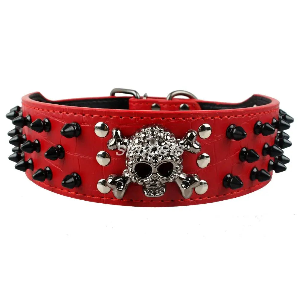 2" Wide Spiked Studded Leather Dog Collar with Skull & Bullet Rivets – For Medium & Large Dogs (S–XL)