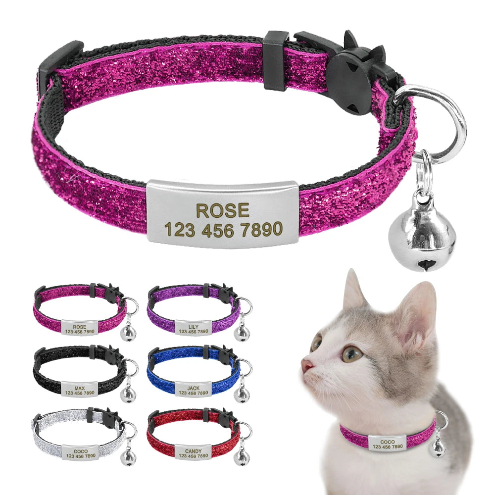 Personalized Bling Cat Collar – Custom Engraved Quick Release Collar with Bell for Cats & Small Dogs